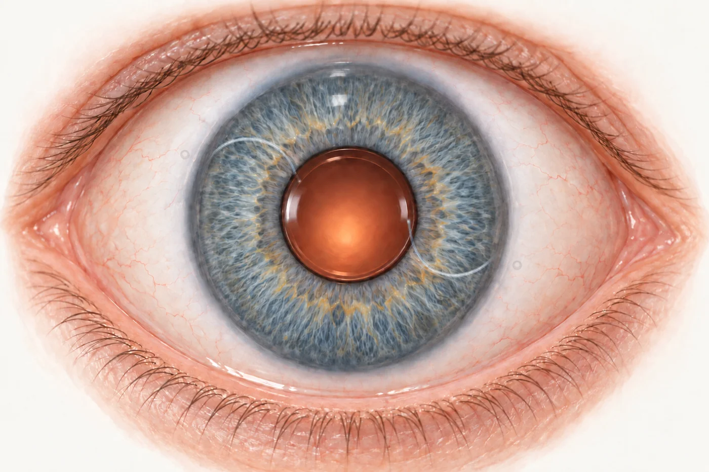 Face-on view of an eye with the lens implant centred in the pupil; its two supporting arms sit behind the iris and pass into the white of the eye on each side.