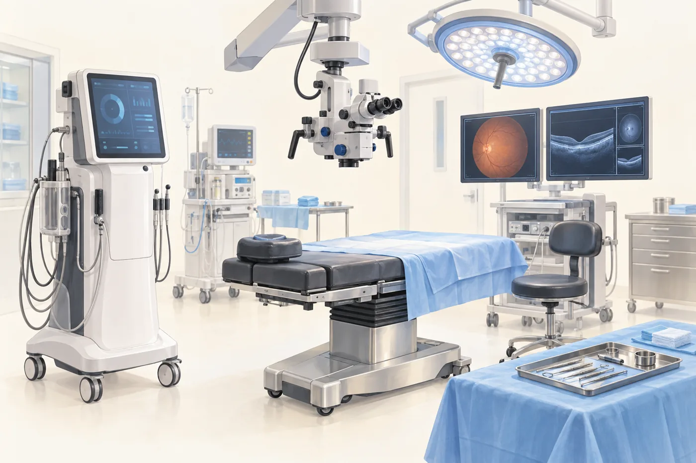 Illustration of a modern ophthalmic operating theatre with a surgical console, operating microscope and operating table.