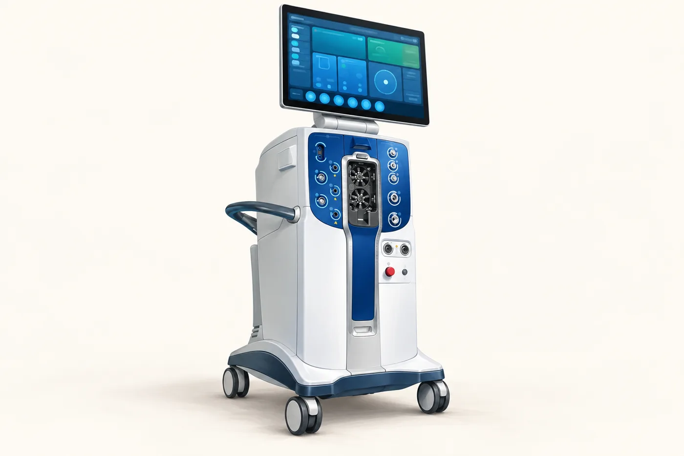 Illustration of the Alcon UNITY Vitreoretinal Cataract System (VCS): a white and navy surgical console with a large touchscreen.