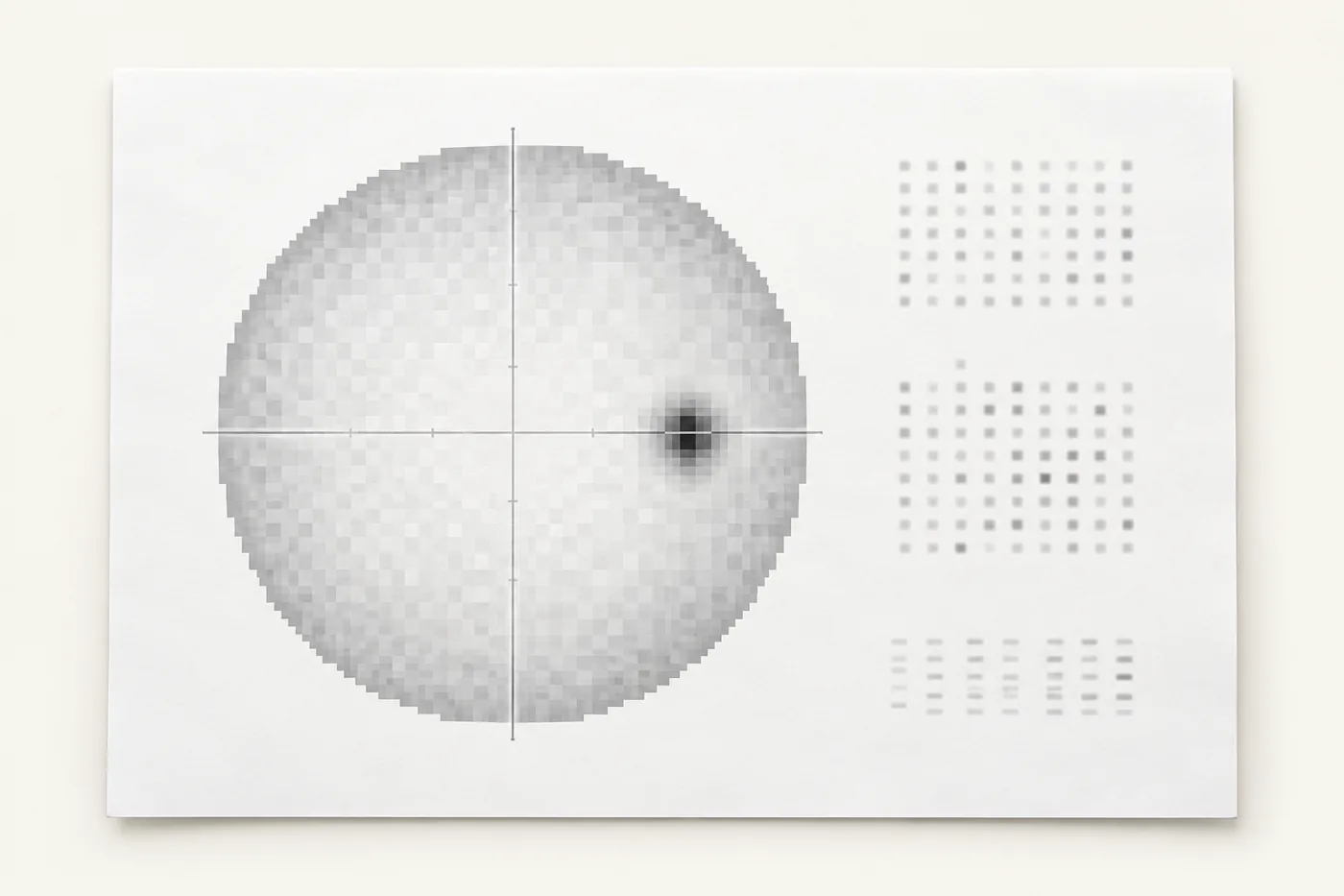 A visual field printout: a circular greyscale map of side vision with the normal blind spot.