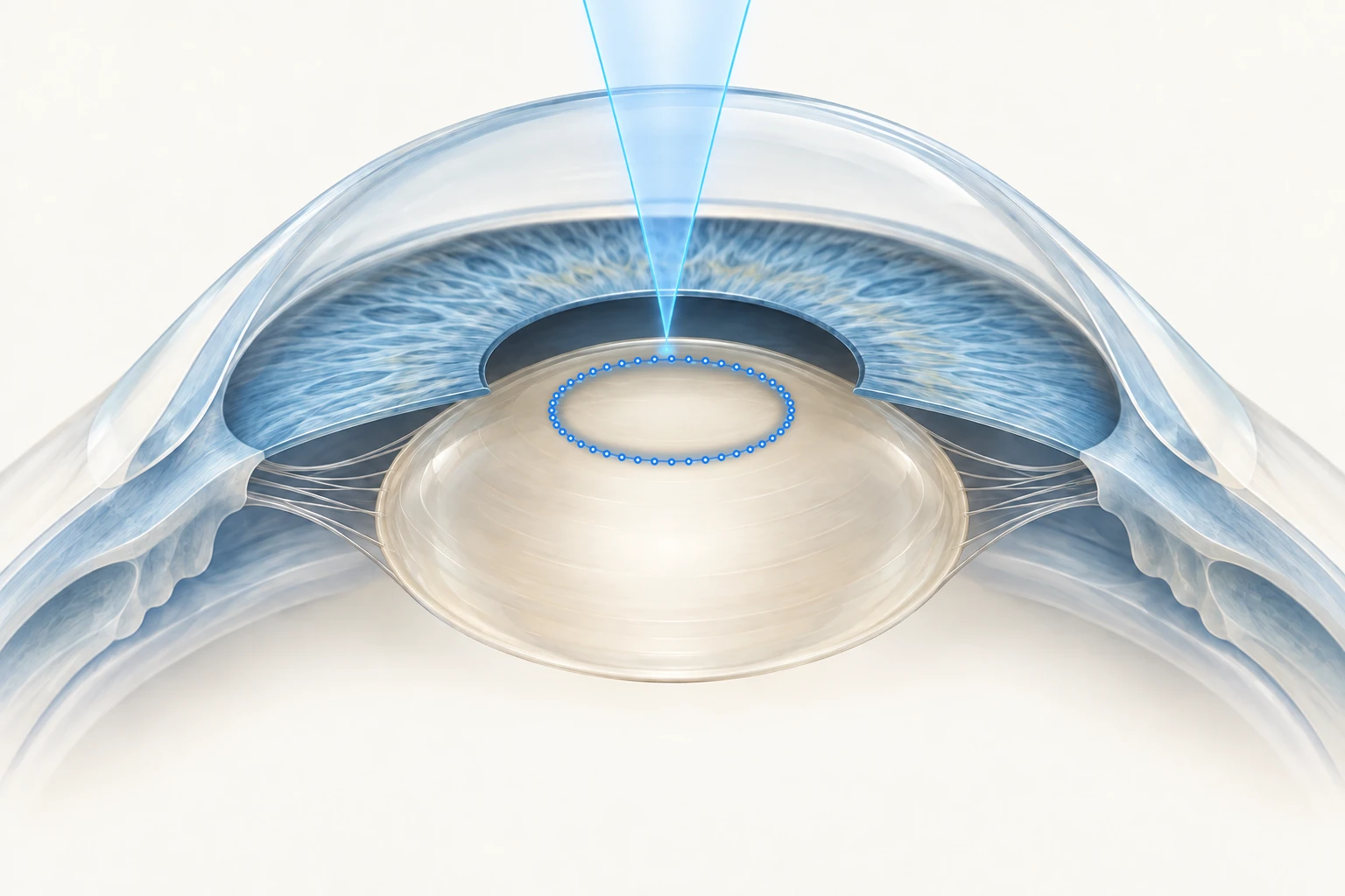 Cutaway of the front of the eye, with a blue laser path focused onto the anterior lens capsule through the clear cornea and pupil.