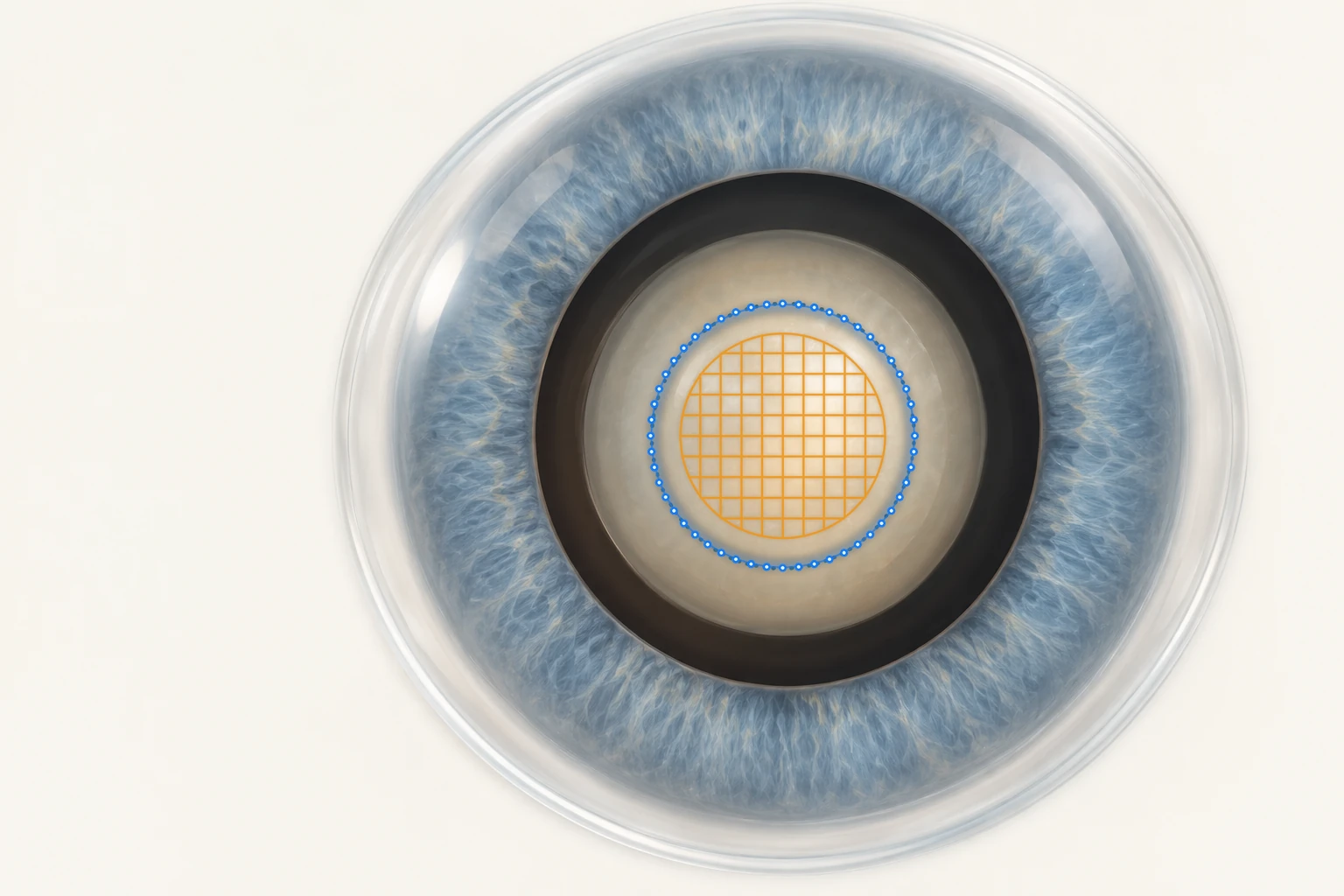 Face-on view through the pupil showing the planned circular opening on the lens capsule as a blue dotted ring, and the laser’s grid pattern on the lens in gold.