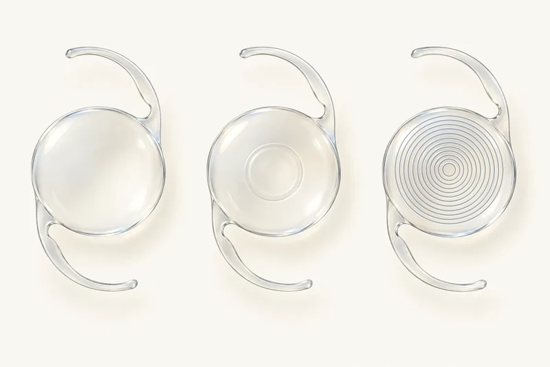 Examples of monofocal, EDOF and multifocal optical designs, from left to right. Lens choice should match your eye health and visual priorities.