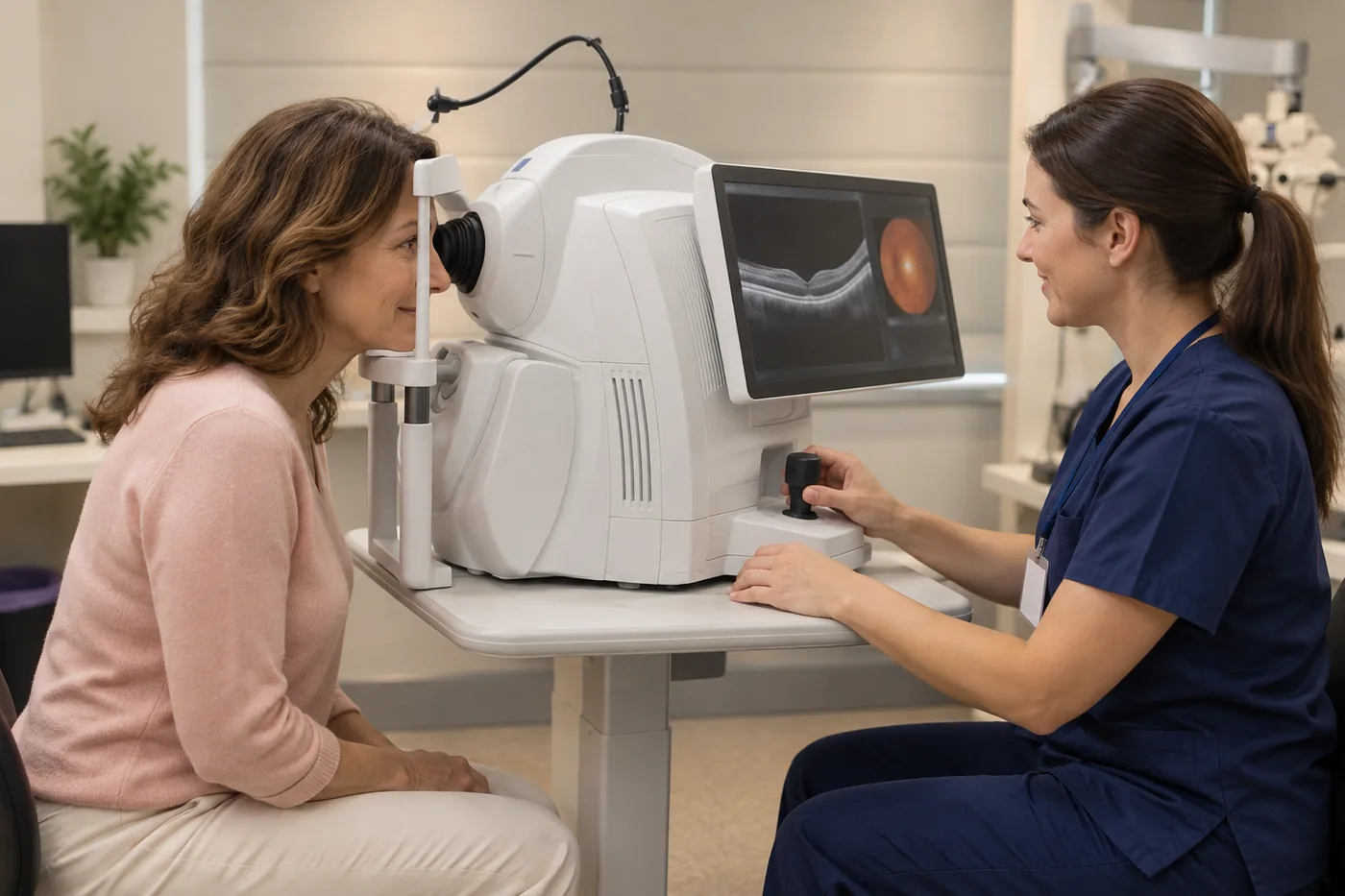 Illustrative photograph: a patient resting her chin on a retinal scanner while an orthoptist in navy scrubs runs an OCT scan