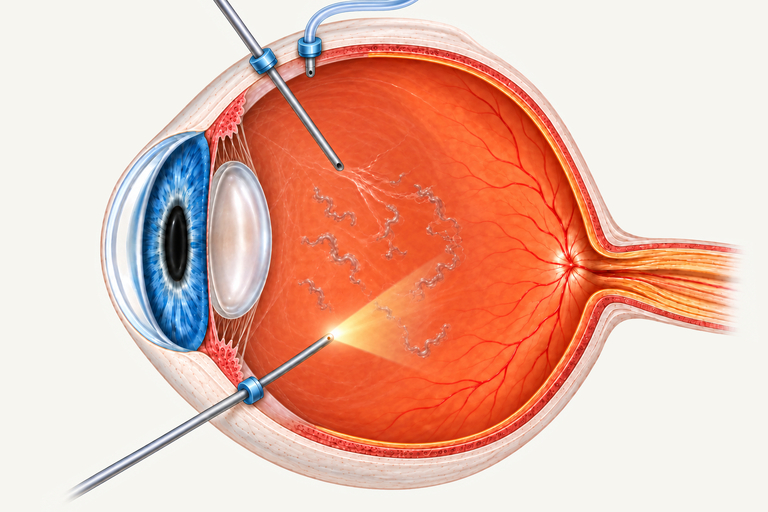 A vitrectomy probe removes vitreous gel containing floaters. A separate endoillumination light pipe lights the inside of the eye.