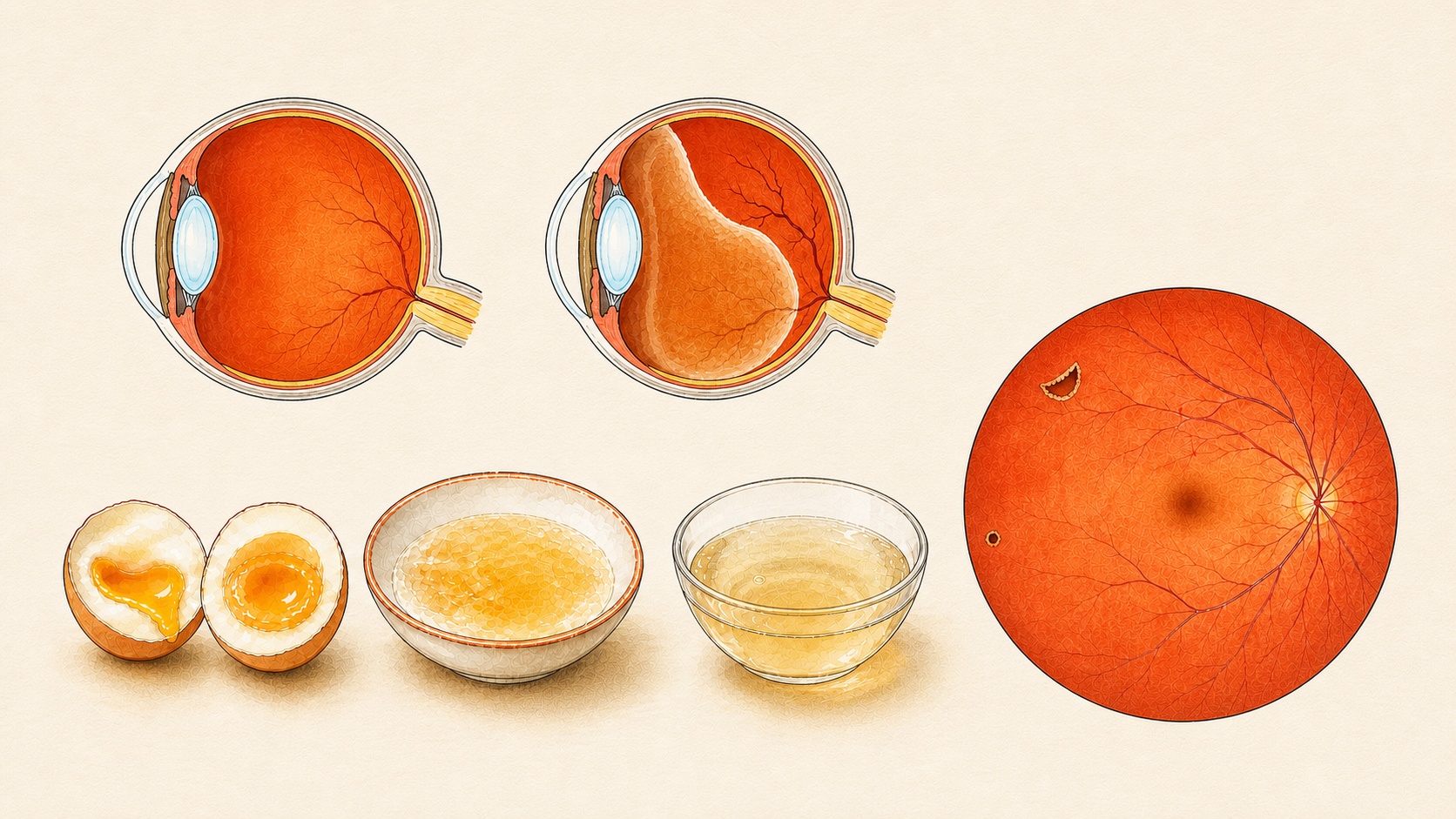 Egg consistency and gel separation illustrate vitreous ageing; the retinal panel shows a tear and a hole.