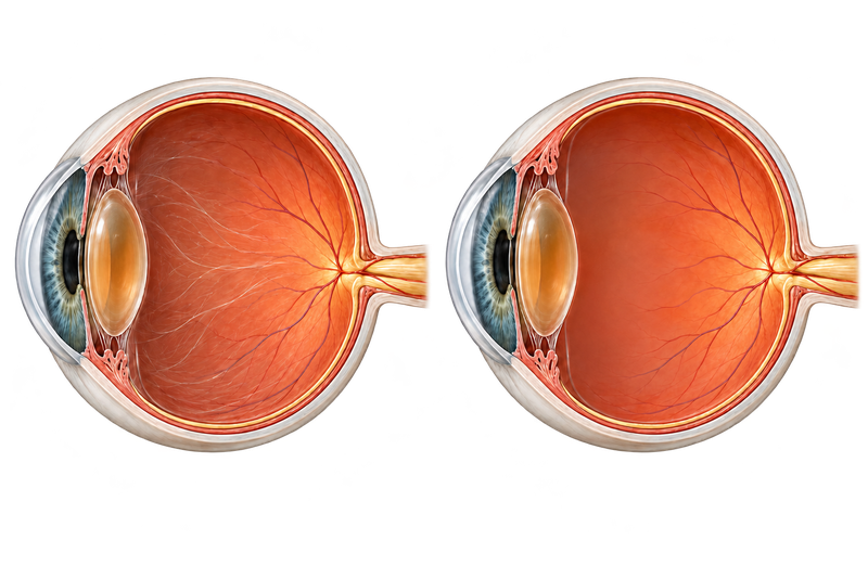 Two matching eye cutaways: vitreous gel on the left, clear replacement fluid on the right.