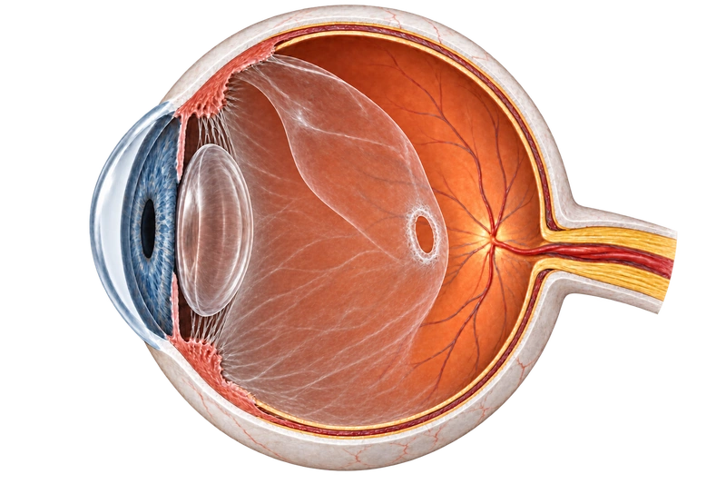 Side-profile eye cutaway showing an opening in the detached posterior vitreous surface, with a condensed rim in front of the optic disc.