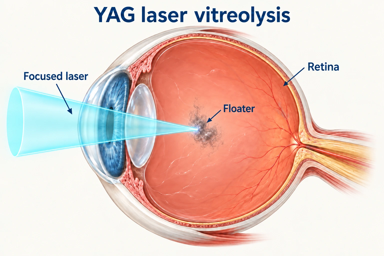 YAG 激光治疗中的眼球剖面图：一束细激光穿过瞳孔和晶状体，聚焦在凝胶中部的单个飞蚊上，远离晶状体和视网膜。